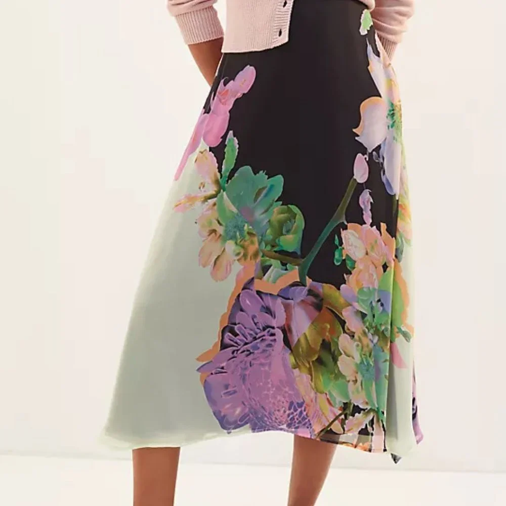 Eva Franco Anthropologie Floral Midi Skirt A Line Navy Side Slit - Picture 1 of 4